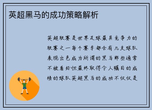 英超黑马的成功策略解析