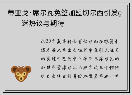 蒂亚戈·席尔瓦免签加盟切尔西引发球迷热议与期待