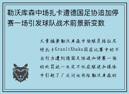 勒沃库森中场扎卡遭德国足协追加停赛一场引发球队战术前景新变数