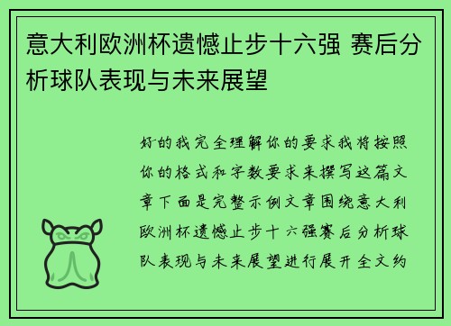 意大利欧洲杯遗憾止步十六强 赛后分析球队表现与未来展望 意大利欧洲杯遗憾止步十六强 赛后分析球队表现与未来展望