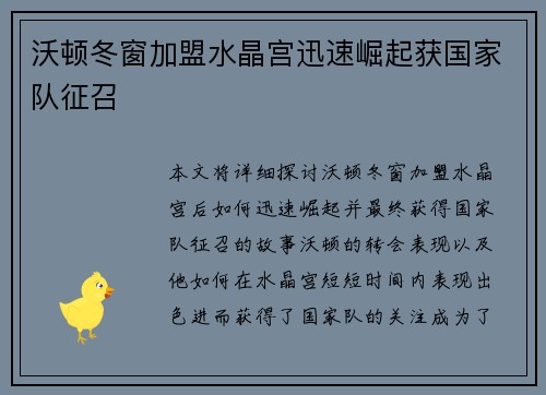 沃顿冬窗加盟水晶宫迅速崛起获国家队征召