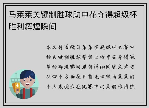 马莱莱关键制胜球助申花夺得超级杯胜利辉煌瞬间 马莱莱关键制胜球助申花夺得超级杯胜利辉煌瞬间